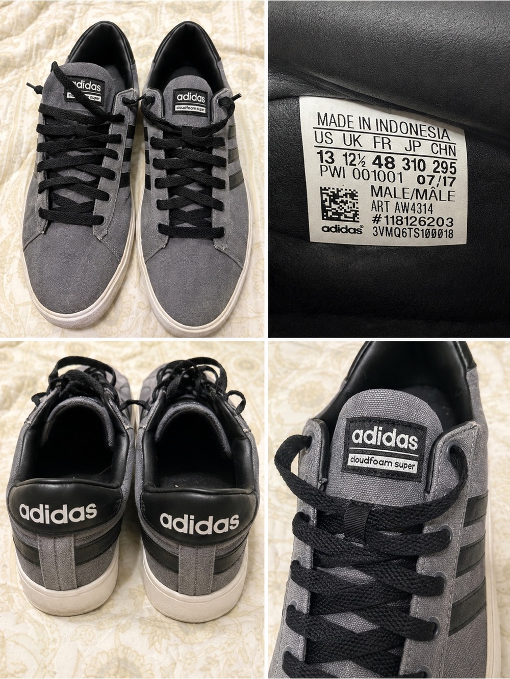 Adidas Cloudfoam Super Men’s Size 13 Gray Black Sneakers Shoes AW4314
